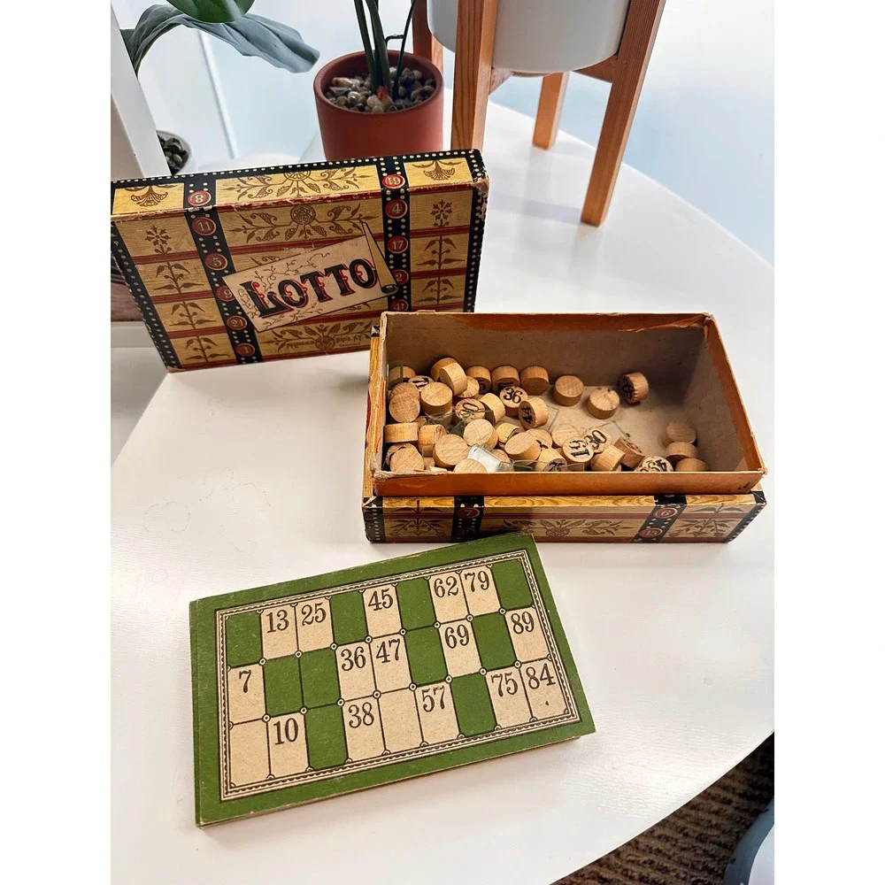 Vintage Loto Game Wooden Number Tokens Bingo Style Board Game Complete